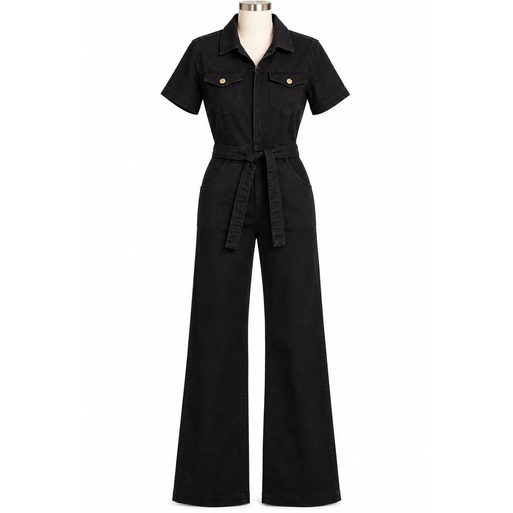 FRAME Le Flare De Francoise Black Denim Jumpsuit Belted Flare Leg Size M